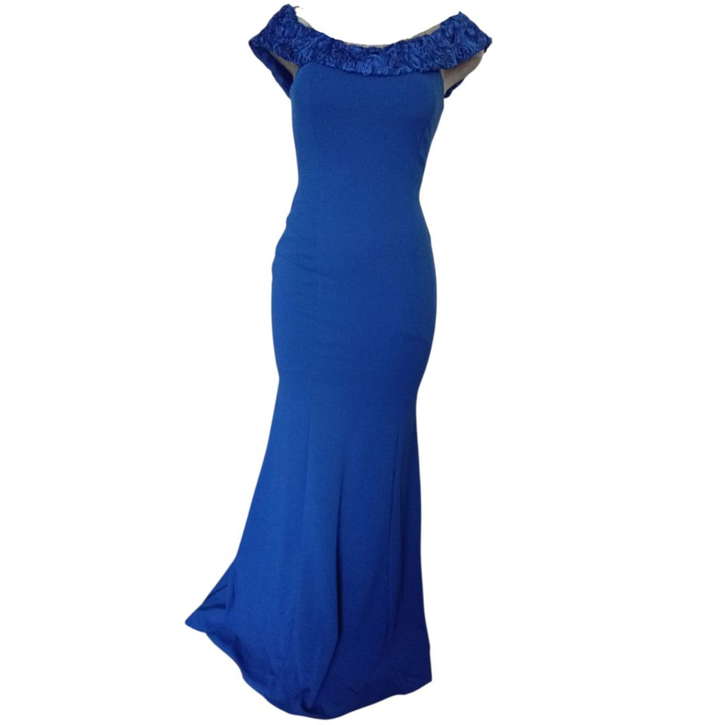 Vestido Azul Elegante Corte Sirena con Detalle de Volantes