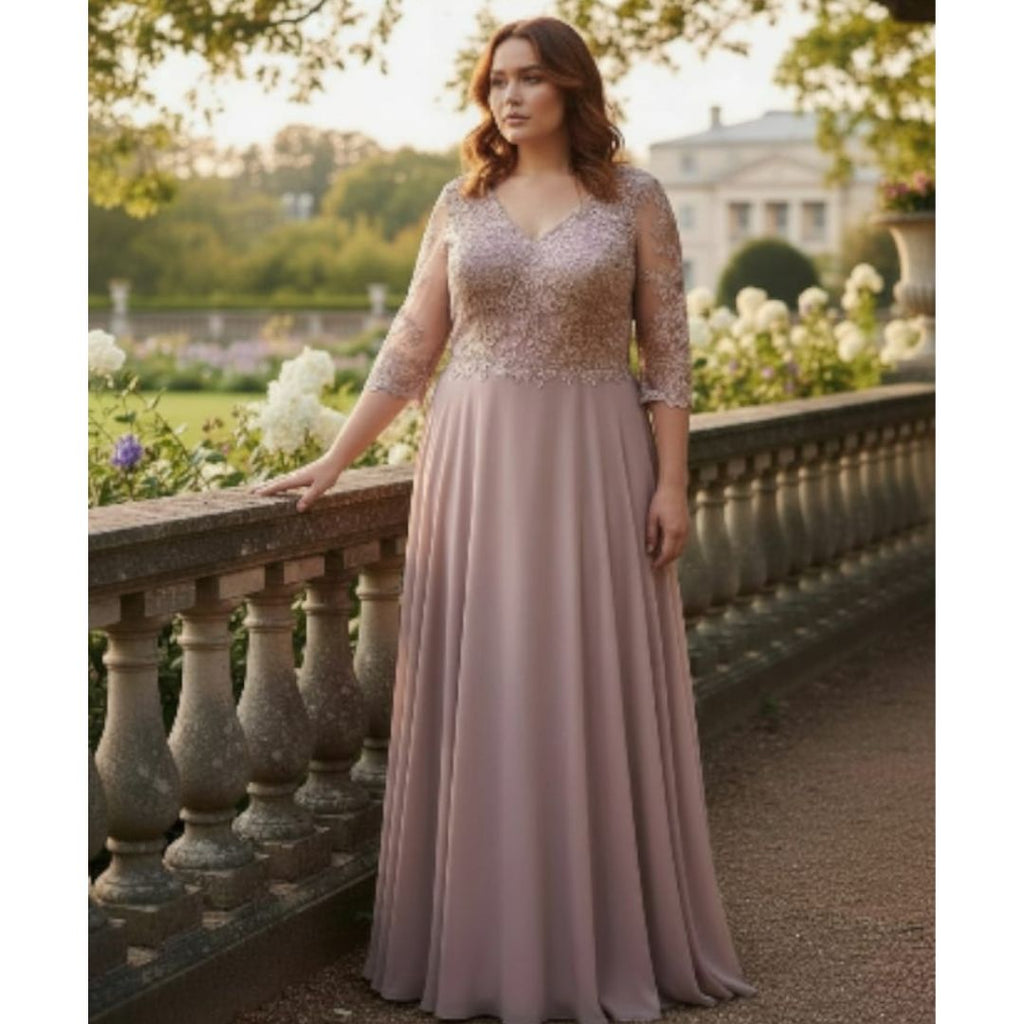 Vestido Rosa Viejo con Encaje y Mangas 3/4 Elegante de Gala