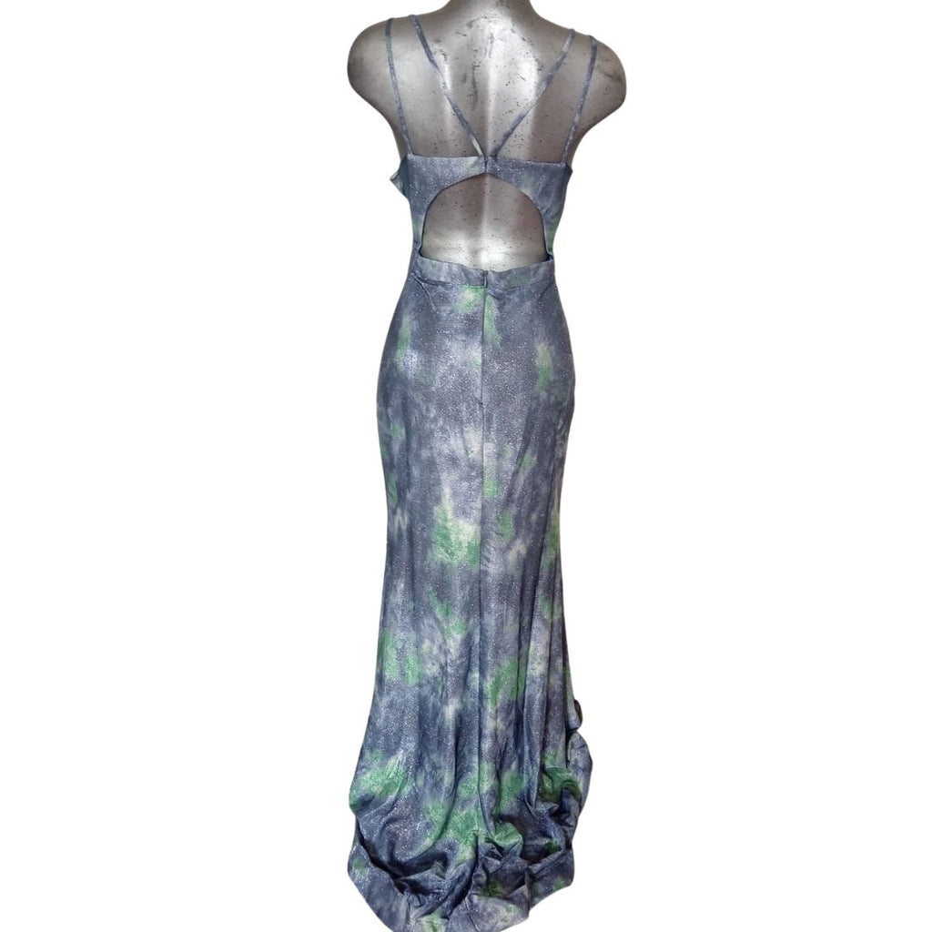 Vestido Azul y Verde con Escote Profundo y Estampado Acuarela Elegante