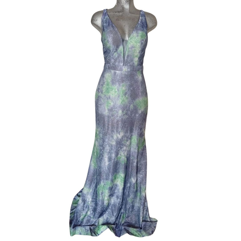 Vestido Azul y Verde con Escote Profundo y Estampado Acuarela Elegante
