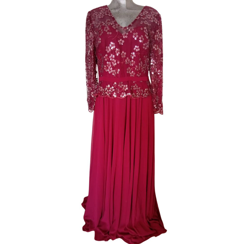 Vestido Vino con Encaje Floral y Mangas Largas Elegante