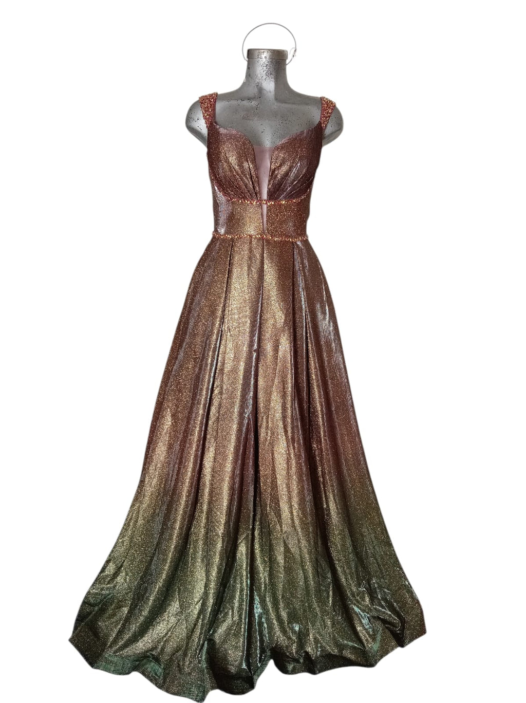Vestido de Gala Bronce Esmeralda con Brillo Metálico