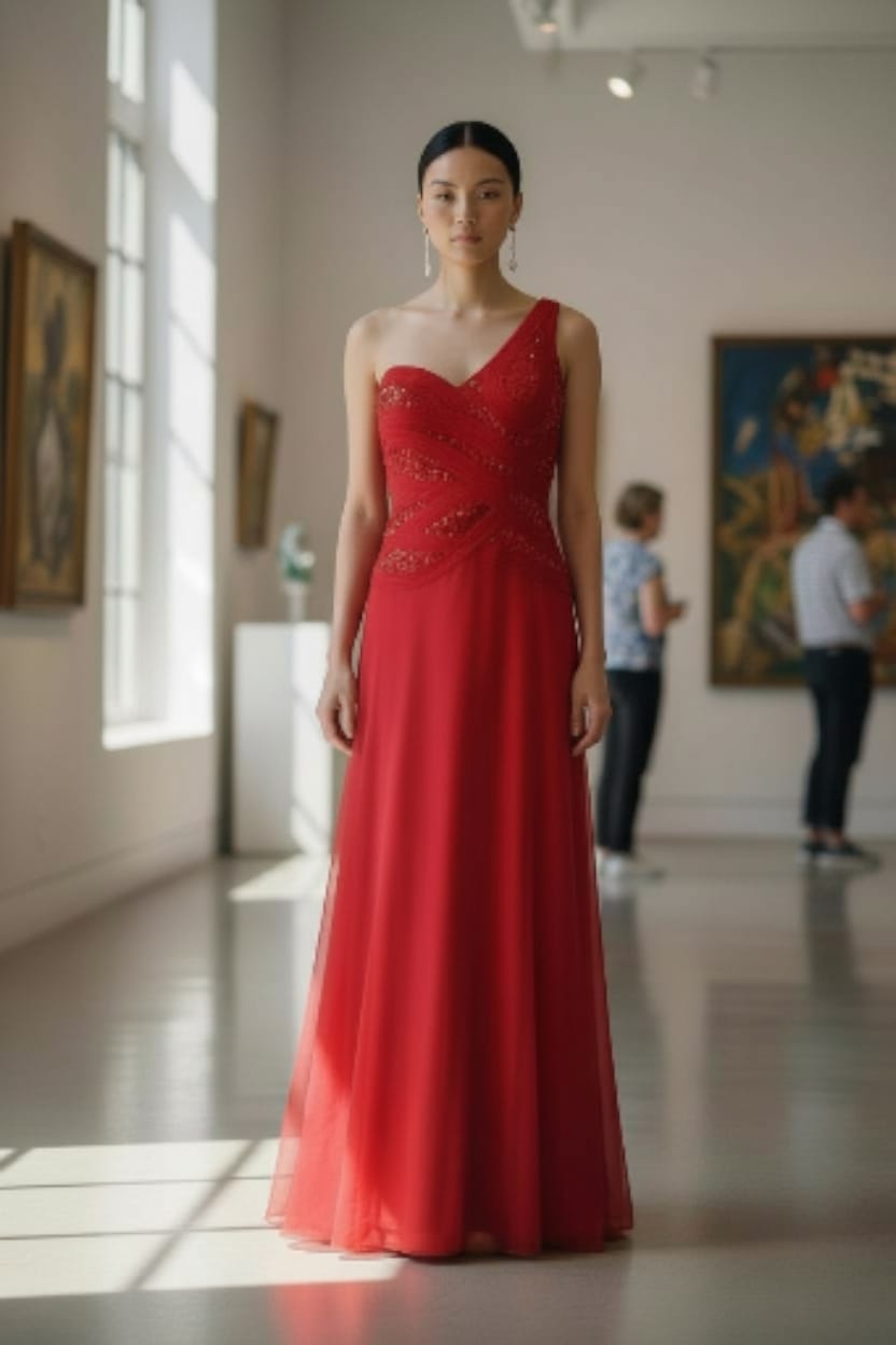 Vestido de Noche Rojo con Escote Asimétrico: Elegancia que Impresiona