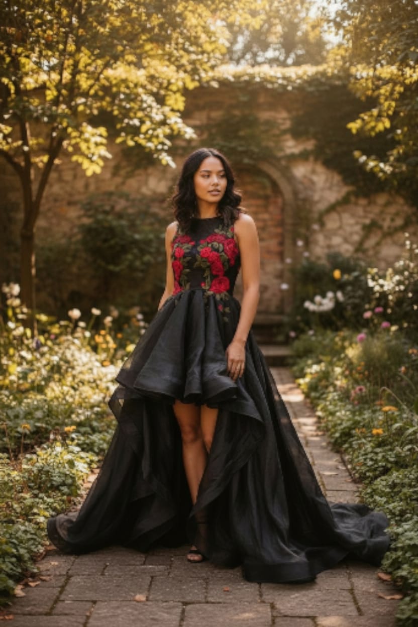 Vestido Elegante Black Rose con Bordado Floral Premium