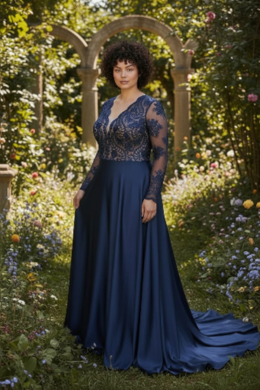 Vestido de Gala Azul Marino con Encaje